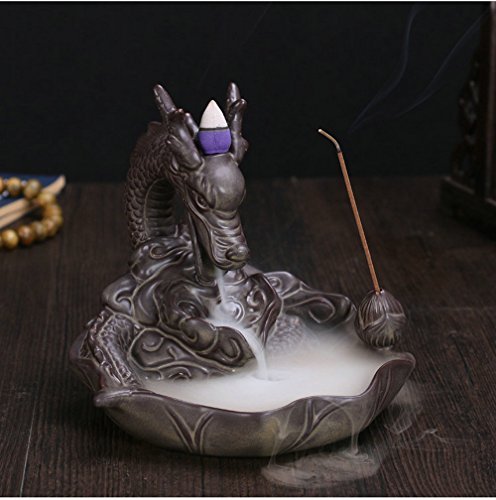 Ceramic Art Craft Carp Dragon Smoke Backflow Incense Burner Holder + 10 Cones