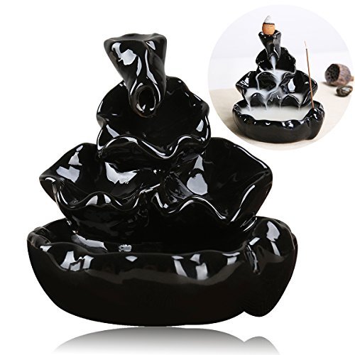 NUOLUX Ceramic Glaze Incense Smoke Cone Burner Back flow Censer Tower Holder (Black)