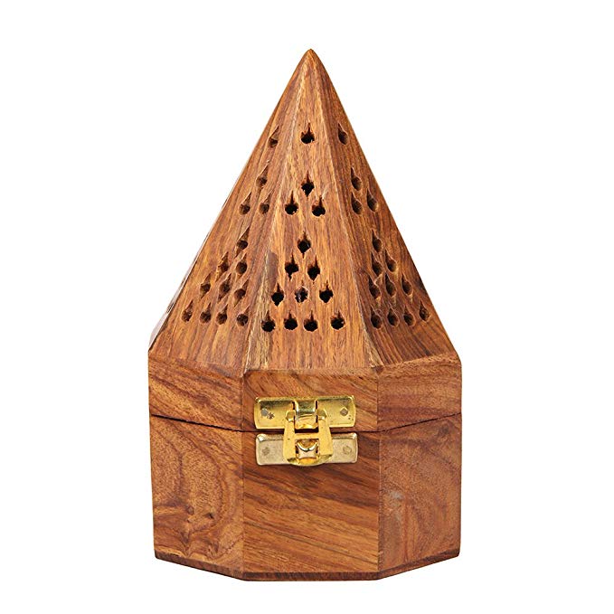 Aheli Wooden Classic Temple Style Dhoop Burner Holder with Base Square and Top Cone Shape Dhoop Holder 4 x 6 Inches