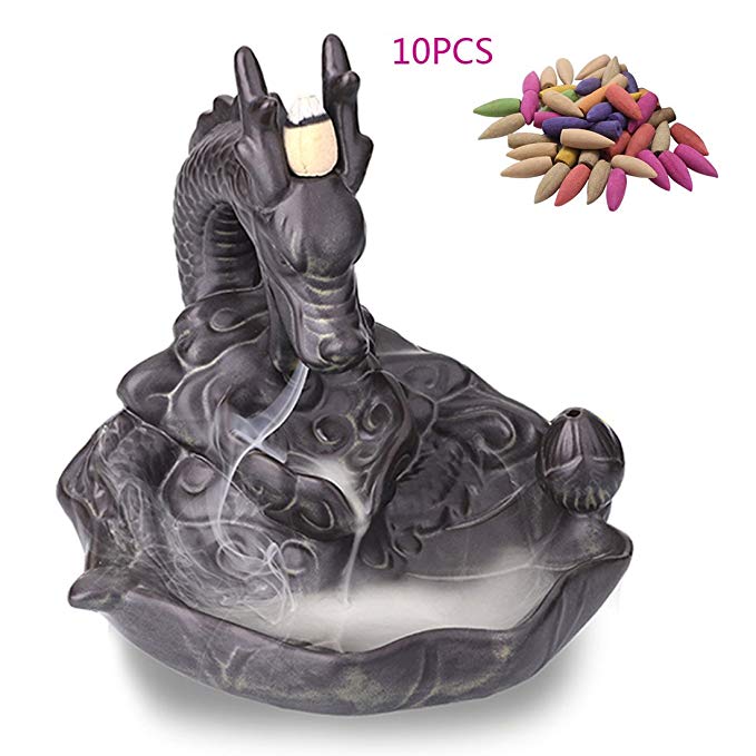 Dragon Backflow Incense Cones Purple Clay Burner Holder Ceramic Art Craft + 10 Cones (Drangon)