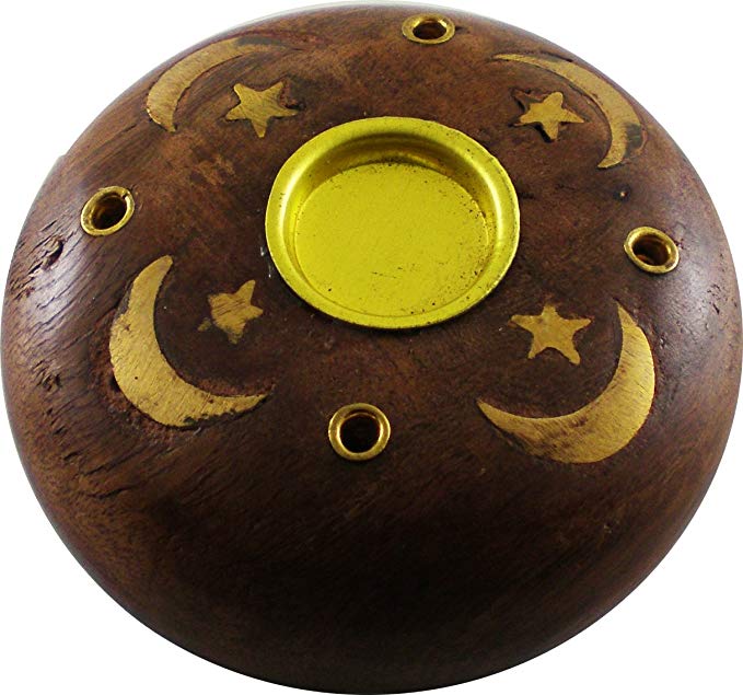 Celestial Brass Inlay Wooden Round Incense Stick & Cone Holder [3 1/2
