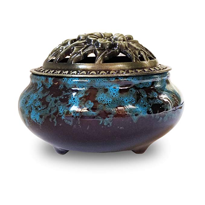 Incense Burner with Brass Calabash Incense Stick Holder - Porcelain Decorated Censer for Use with Cone or Coil Incense - Ceramic Ash Catcher Tray Bowl (Blue Fambe)