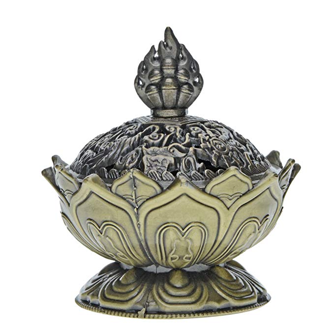 Saim Lotus Flower Chinese Buddha Alloy Metal Incense Burner Incense Holder Handmade Censer Bowl Buddhist Decor, Home Decoration - Small (Bronze)