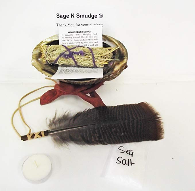 Sage Smudge Kit Large Shell Sage Stick Stand Feather Full Directions