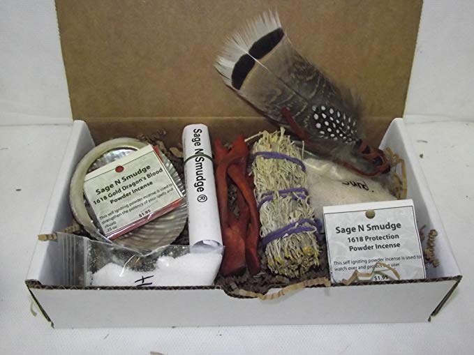 Sage Smudge Kit Travel Kit Gift Set with Gift Card Abalone Shell Stand Sage Wild Turkey Feather Salt Protection Incense Dragonsblood Incese Censor Sand and Directions