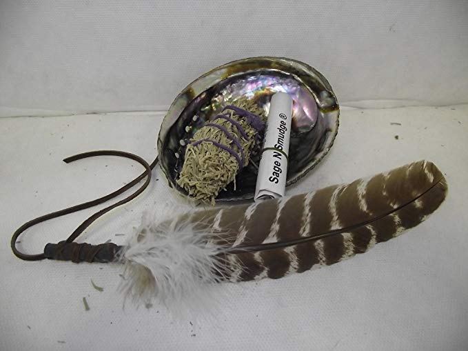 Sage Smudge Kit for Home Blessing and Purification Complete with Sage Abalone Shell Barred Feather with White Accent and Directions