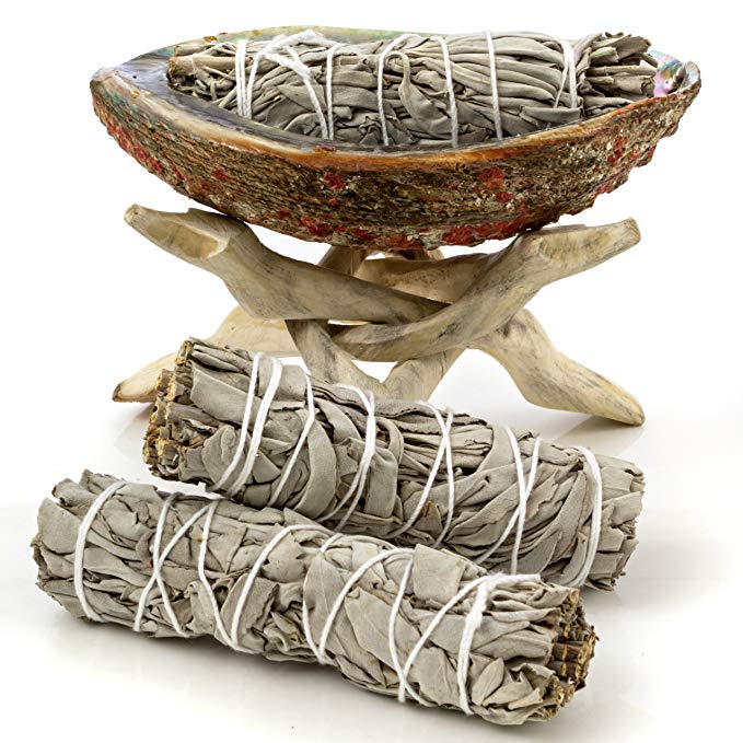 Alternative Imagination Premium Abalone Shell with Natural Wooden Tripod Stand and 3 California White Sage Smudge Sticks (5-6