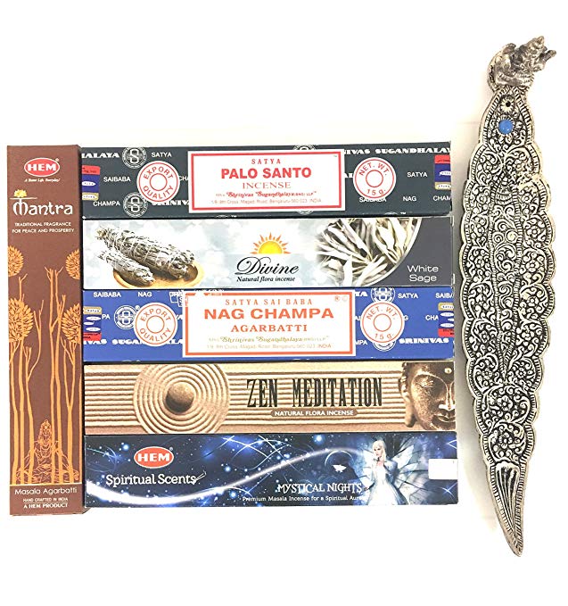 Holiday Gift set of 6 Palo Santo White Sage Nag champa Zen Meditation Mystical Nights Mantra( Incense Holder Included)