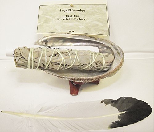 Sage Smudge Kit with White Sage Stick Shell Stand Feather and Directions
