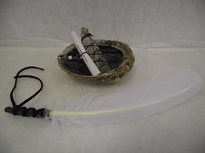 Sage Smudge Abalone White Sage Shell 4 Piece Smudging Kit & Feather Shaman Smudging