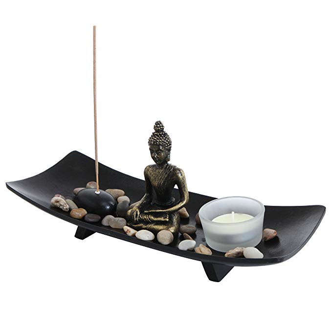 MyGift Zen Garden Buddha Statue Glass Tealight Candle & Incense Burner Holder, Black